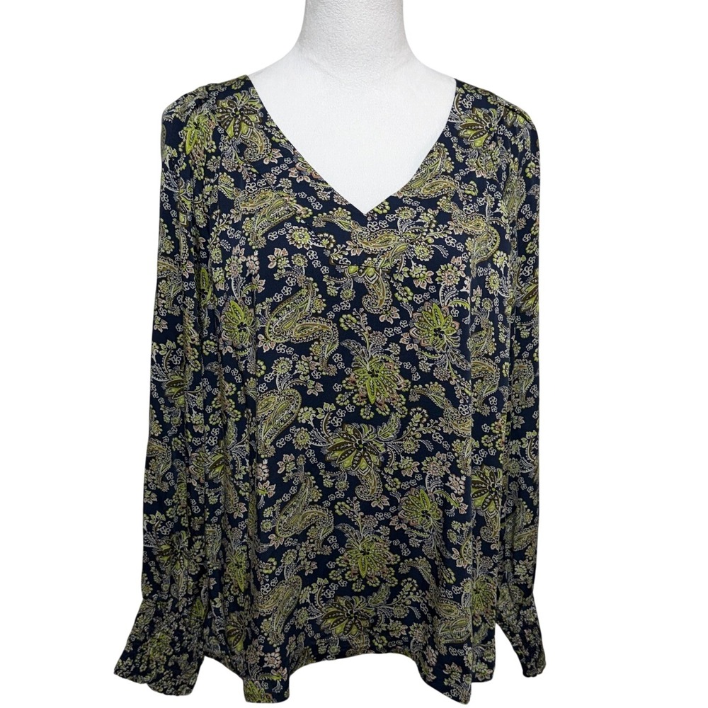 J. Jill Top Womens Large Green Blue Paisley Smocked Cuff Pullover Long Sleeve